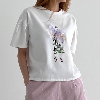 릴리안 리본장식 퍼프소매 티셔츠 반팔티셔츠